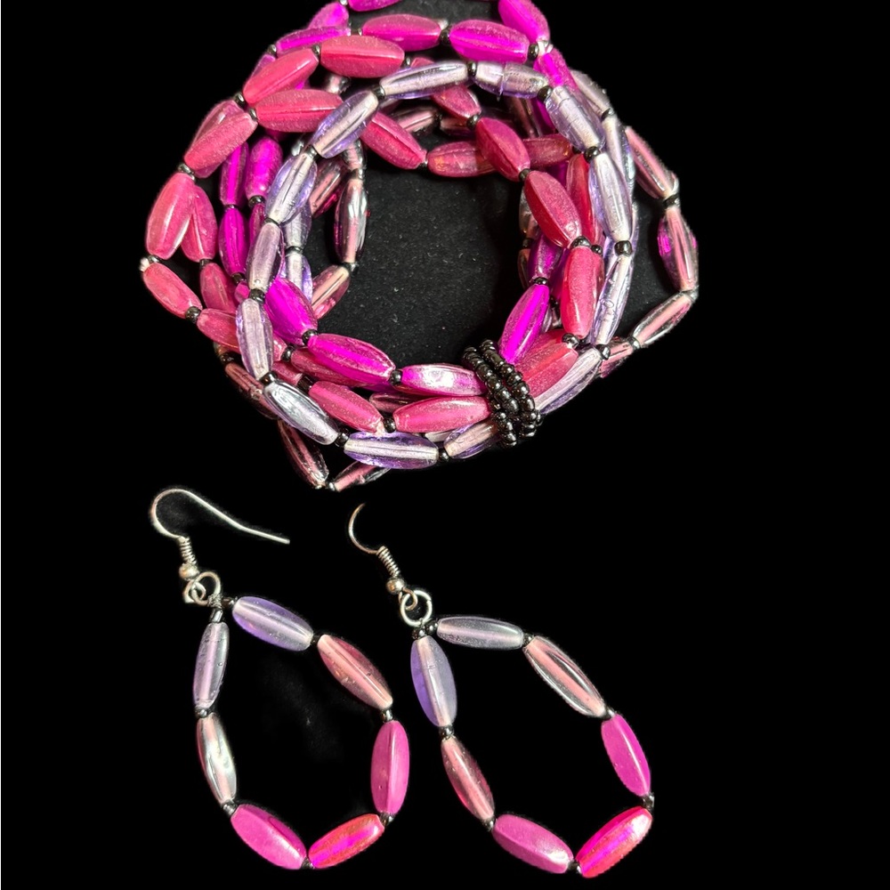 NWOT Premier Designs Pink & Purple and Silver Beaded Bracelet and Earrings Set